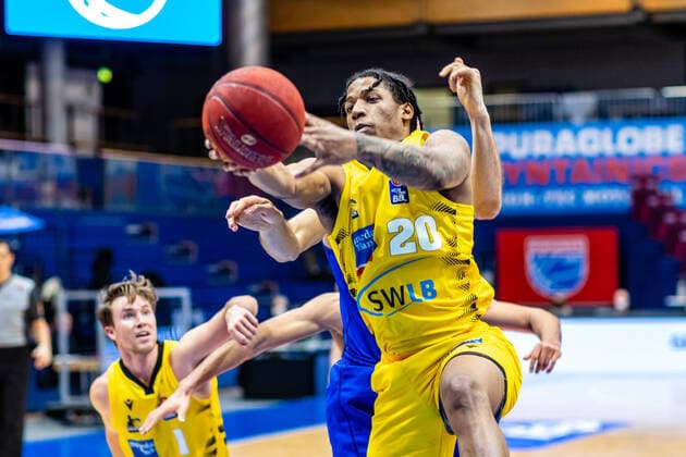 Desi Rodriguez 20 MHP Riesen Ludwigsburg during the match 2020 2021 mens EasyCredit Bundesliga season between Syntainics MBC and MHP Riesen Ludwigsburg at Stadthalle Weissenfels on 23 January 2021 in Weissenfels, Saxony Anhalt, Germany