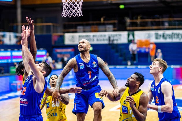 Sergio Kerusch 7 Syntainics MBC during the match Season 2020 2021 Men in the EasyCredit Bundesliga between Syntainics MBC and MHP Riesen Ludwigsburg at Stadthalle Weissenfels on 23 January 2021 in Weissenfels, Saxony Anhalt, Germany