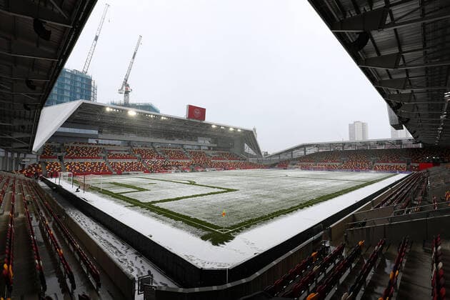 24th January 2021; Brentford Community Stadium, London, England; English FA Cup Football, Brentford FC versus Leicester City; Heavy snow falls inside Brentford Community Stadium  ActionPlus12262433 JohnxPatrickxFletcher