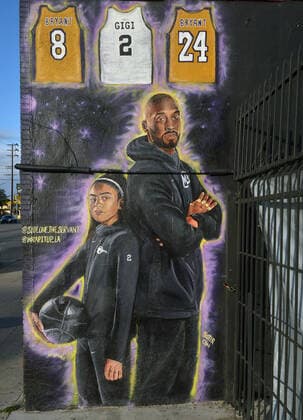 A mural honoring Kobe Bryant and his daughter Gianna Bryant is seen on Monday, January 25, 2021 in Los Angeles. One day ahead of the anniversary of the Calabasas helicopter crash that killed the Laker legend, his 13-year-old daughter and seven others, Sen. Dianne Feinstein (D-CA) and Rep. Brad Sherman (D-CA) announced a bill Tuesday that would require Terrain Avoidance Warning Systems on all helicopters carrying six or more passengers.  LAP2021012504 JIMxRUYMEN