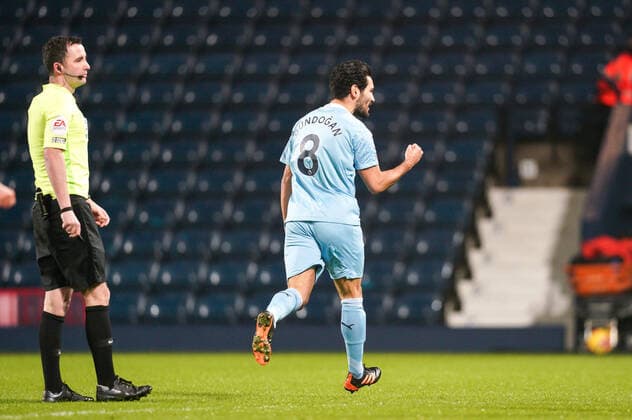 ?lkay Gundogan of Man City scores the 1st goal and celebrates during the Premier League behind closed doors match between West Bromwich Albion and Manchester City at The Hawthorns, West Bromwich, England on 26 January 2021. Copyright: xAndyxRowlandx PMI-3895-0017