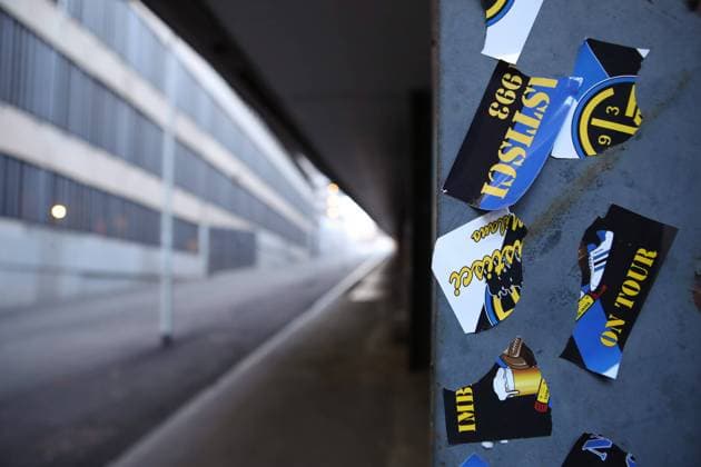 Inter Milan fans adhesives attached to a girder around the area of stadium prior to the Coppa Italia match at Giuseppe Meazza, Milan. Picture date: 26th January 2021. Picture credit should read: Jonathan Moscrop Sportimage EDITORIAL USE ONLY. No use with unauthorised audio, video, data, fixture lists, club league logos or live services. Online in-match use limited to 120 images, no video emulation. No use in betting, games or single club league player publications. SPI-0860-0118