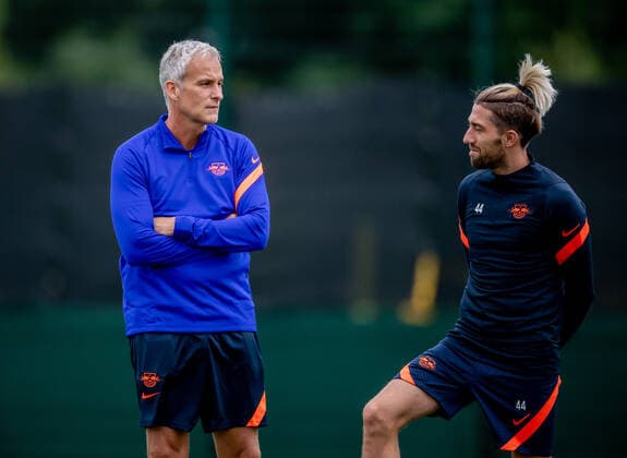 Leipzigs co-trainer Xaver Zembrod with Kevin Kampl training RB Leipzig on 26 August 2020 Red Bull Academy, Leipzig training RB Leipzig