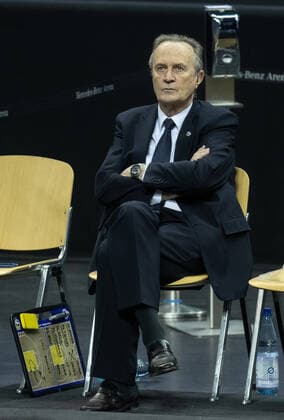 Basketball Euroleague, Alba Berlin Real Madrid, Main Round, Matchday 23, Mercedes Benz Arena ALBAs Head Coach Aito Garcia Reneses sits on the sidelines ALBA Berlin Real Madrid