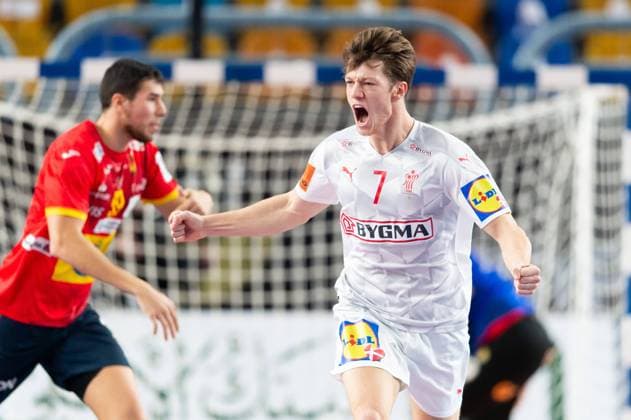 210129 Emil Jakobsen of Denmark celebrates during the 2021 IHF World Handball Championship semifinal match between Spain and Denmark on January 29, 2021 in Cairo Photo Mathias Bergeld BILDBYRAN COP 200 MB0116 handball handboll handball bbeng vm handball vm handbolls vm ihf handball world championship world handball championship 2021 world championship 2021 spain spain denmark denmark semifinal semifinals semi final semi finals jubel,  Copyright: MATHIASxBERGELD BB210129MB153