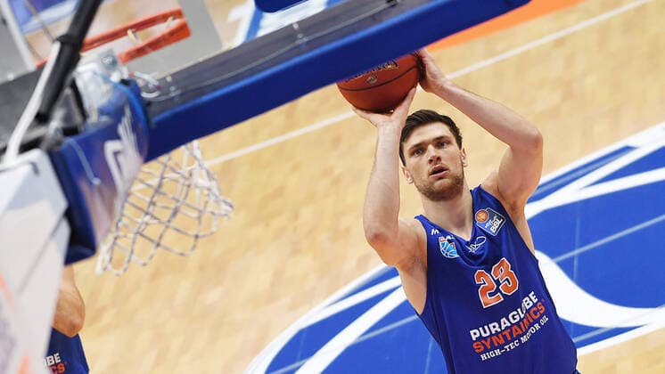 Basketball 1 Bundesliga, Season 2020 2021, 15 Matchday, Syntainics MBC Weissenfels vs ratiopharm Ulm 30 01 2021 Michal Michalak MBC Weissenfels, back number 23 during the free throw in the game MBC Weissenfels vs Ulm 30 01 2021 Weissenfels Saxony Anhalt Germany Stadthalle Weissenfels