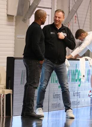 30 01 2021 Basketball Season 2019 2020 2 Bundesliga Pro A 18 Spieltag Nürnberg Falcons Basketball Club NBC PS Karlsruhe LIONS DaMa Derrick Taylor Co Coach Assistant Coach Nürnberg Falcons BC NBC Ralph Junge Coach General Manager Head Coach Nürnberg Falcons BC NBC talk before the game starts.