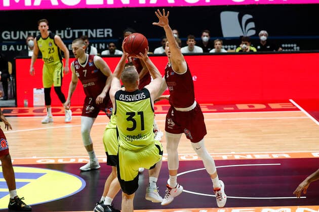 15 Matchday of the easyCredit BBL Basketball Bundesliga at Messe Chemnitz Season 2020 2021 NINERS Chemnitz vs Medi Bayreuth Osvaldas Olisevicius Medi Bayreuth 31 left Jan Niklas Wimberg NINERS Chemnitz 8 right