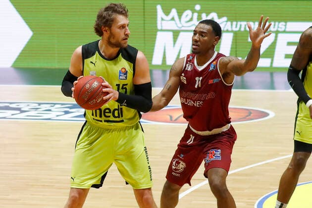 15 Matchday of the easyCredit BBL Basketball Bundesliga at Messe Chemnitz Season 2020 2021 NINERS Chemnitz vs Medi Bayreuth Matthew Tiby Medi Bayreuth 15 left Isiaha Mike NINERS Chemnitz 11 right