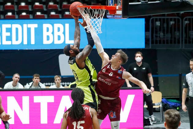 15 Matchday of the easyCredit BBL Basketball Bundesliga at Messe Chemnitz Season 2020 2021 NINERS Chemnitz vs Medi Bayreuth Dererk Pardon Medi Bayreuth 0 left Jan Niklas Wimberg NINERS Chemnitz 8 right