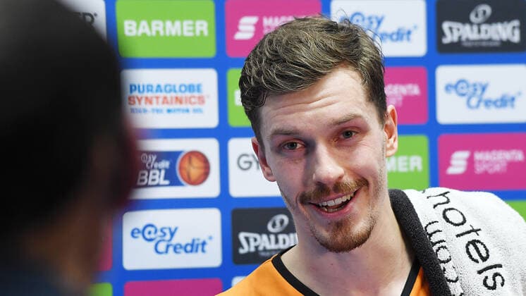Basketball 1 Bundesliga, season 2020 2021, 15 matchday, Syntainics MBC Weißenfels vs ratiopharm Ulm 30 01 2021 92 104 52 51 Andreas Obst Guard ratiopharm Ulm, back number 13 in interview after the game MBC Weißenfels vs Ulm 30 01 2021 Weißenfels Sachsen Anhalt Germany Stadthalle Weißenfels