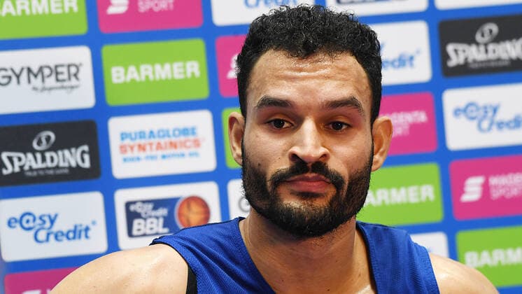 Basketball 1 Bundesliga, season 2020 2021, 15 matchday, Syntainics MBC Weissenfels vs ratiopharm Ulm 30 01 2021 92 104 52 51 David Brembly MBC Weissenfels, back number 5 disappointed in interview after the game MBC Weissenfels vs Ulm 30 01 2021 Weissenfels Saxony Anhalt Germany Stadthalle Weissenfels
