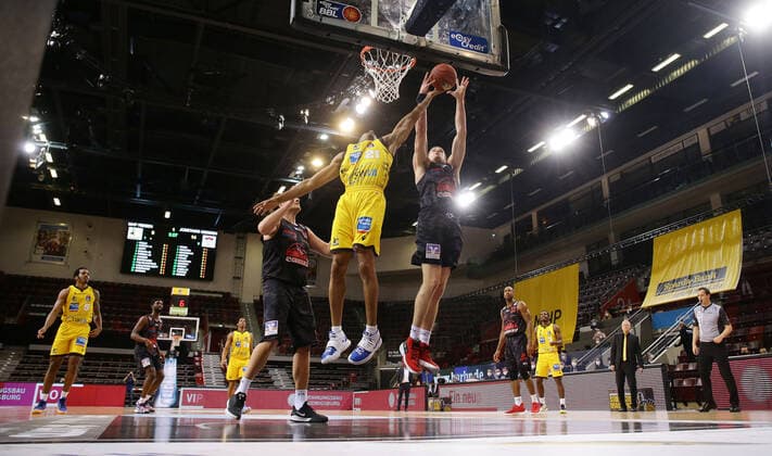 Ludwigsburg , Basketball easyCredit BBL Bundesliga , MHP RIESEN Ludwigsburg vs JobStairs GIESSEN 46ers , from left John Bryant Giessen Desi Rodriguez Giants Scottie James Giessen