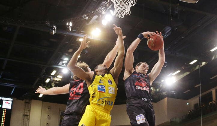 Ludwigsburg , Basketball easyCredit BBL Bundesliga , MHP RIESEN Ludwigsburg vs JobStairs GIESSEN 46ers , from left John Bryant Giessen Tremmell Darden Riesen Scottie James Giessen