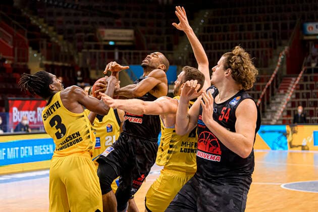 Ludwigsburg, Germany 30 January 2021 BBL 20 21 MHP Riesen Ludwigsburg vs JobStairs Giessen 46ers v li Jaleen Smith Ludwigsburg , Brandon Thomas Giessen , Jonas Wohlfarth Bottermann Ludwigsburg , John Bryant Giessen Ludwigsburg MHP Arena Baden Württemberg Germany.