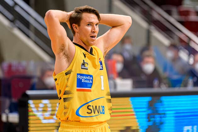 Ludwigsburg, Germany 30 January 2021 BBL 20 21 MHP Riesen Ludwigsburg vs JobStairs Giessen 46ers Jordan Hulls Ludwigsburg dissatisfied disappointed dejected frustrated, Ludwigsburg MHP Arena Baden Württemberg Germany