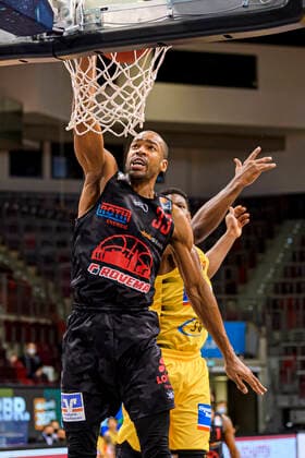 Ludwigsburg, Germany 30 January 2021 BBL 20 21 MHP Riesen Ludwigsburg vs JobStairs Giessen 46ers Brandon Thomas Giessen , behind Yorman Polas Bartolo Ludwigsburg Ludwigsburg MHP Arena Baden Württemberg Germany.