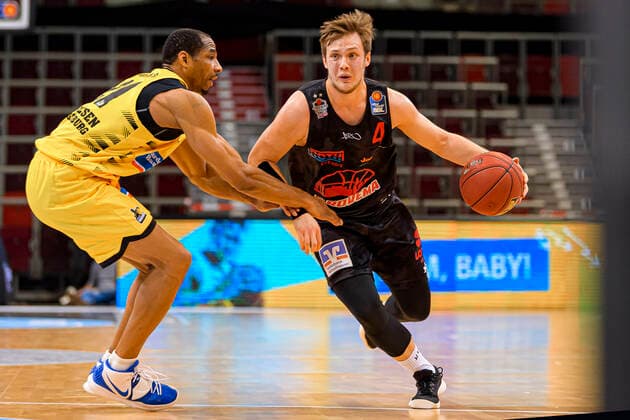 Ludwigsburg, Germany 30 January 2021 BBL 20 21 MHP Riesen Ludwigsburg vs JobStairs Giessen 46ers v li Tremmell Darden Ludwigsburg , Bjarne Kraushaar Giessen Ludwigsburg MHP Arena Baden Württemberg Germany.