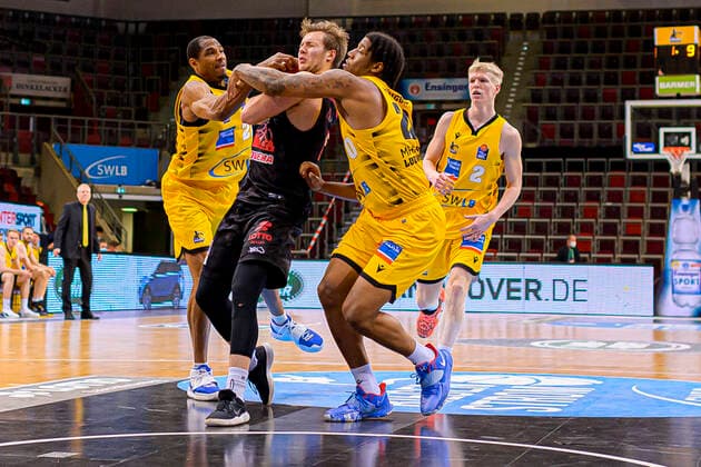 Ludwigsburg, Germany 30 January 2021 BBL 20 21 MHP Riesen Ludwigsburg vs JobStairs Giessen 46ers v li Tremmell Darden Ludwigsburg , Bjarne Kraushaar Giessen , Desi Rodriguez Ludwigsburg Ludwigsburg MHP Arena Baden Württemberg Germany.