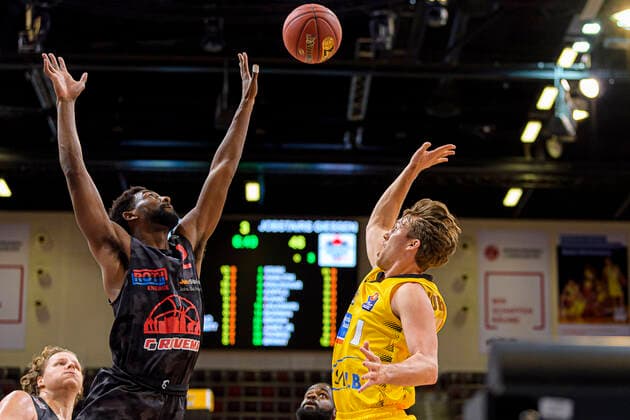 Ludwigsburg, Germany 30 January 2021 BBL 20 21 MHP Riesen Ludwigsburg vs JobStairs Giessen 46ers v li Isaac Brandon Hamilton Giessen , Jordan Hulls Ludwigsburg Ludwigsburg MHP Arena Baden Württemberg Germany.