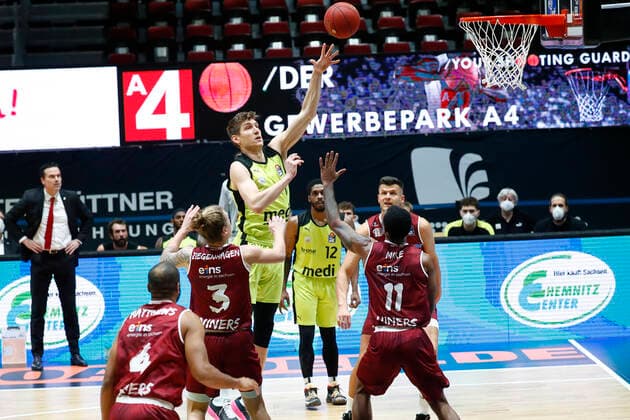 15 Matchday of the easyCredit BBL Basketball Bundesliga at Messe Chemnitz Season 2020 2021 NINERS Chemnitz vs Medi Bayreuth Andreas Seiferth Medi Bayreuth 11 middle Isiaha Mike NINERS Chemnitz 11 right
