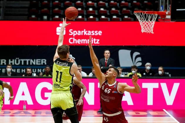 15 Matchday of the easyCredit BBL Basketball Bundesliga at Messe Chemnitz Season 2020 2021 NINERS Chemnitz vs Medi Bayreuth Andreas Seiferth Medi Bayreuth 11 left Filip Stanic NINERS Chemnitz 65 right