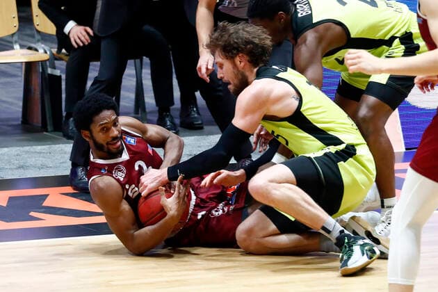 15 Matchday of the easyCredit BBL Basketball Bundesliga at Messe Chemnitz Season 2020 2021 NINERS Chemnitz vs Medi Bayreuth Matthew Tiby Medi Bayreuth 15 right Terrell Harris NINERS Chemnitz 2 left