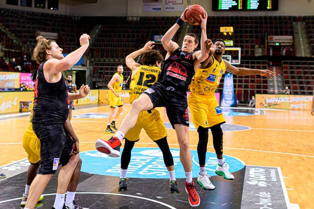 Ludwigsburg, Germany 30 January 2021 BBL 20 21 MHP Riesen Ludwigsburg vs JobStairs Giessen 46ers v li John Bryant Giessen , Jonah Radebaugh Ludwigsburg , Scottie James Jr Giessen , Yorman Polas Bartolo Ludwigsburg Ludwigsburg MHP Arena Baden Württemberg Germany.