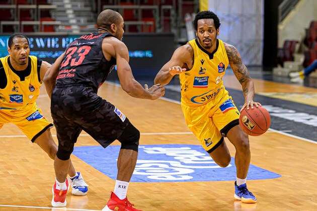 Ludwigsburg, Germany 30 January 2021 BBL 20 21 MHP Riesen Ludwigsburg vs JobStairs Giessen 46ers Brandon Thomas Giessen , Barry Brown Jr Ludwigsburg Ludwigsburg MHP Arena Baden Württemberg Germany.