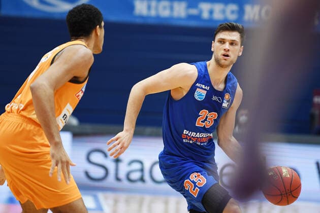 Basketball 1 Bundesliga, season 2020 2021, 15 matchday, Syntainics MBC Weissenfels vs ratiopharm Ulm 30 01 2021 92 104 52 51 Michal Michalak MBC Weissenfels, back number 23 on the ball against Demitrius Conger Forward rationpharm Ulm, back number 1 during the match MBC Weissenfels vs Ulm 30 01 2021 Weissenfels Saxony Anhalt Germany Stadthalle Weissenfels