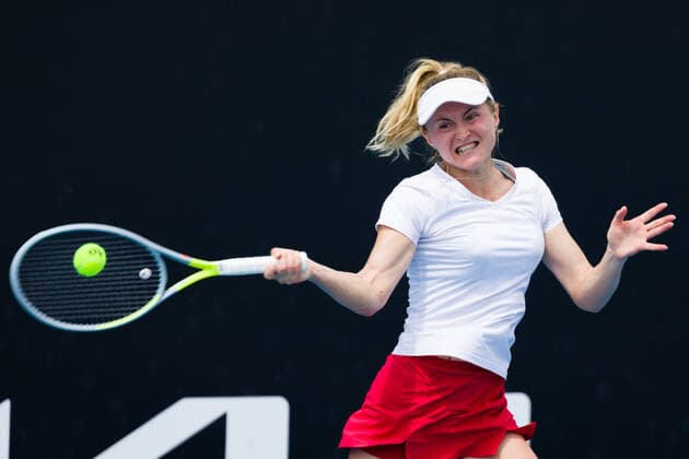 January 31, 2021: Aliaksandra SASNOVICH (BLR) in action against Lesia TSURENKO (UKR) In a first round match of the Gippsland Trophy Women s Singles tournament prior to the Australian Open Grand Slam tournament in Melbourne, Australia. SASNOVICH won 36 64 64. Cal Media. Melbourne Australia - ZUMAc04_ 20210131_zaf_c04_008 Copyright: xSydneyxLowx
