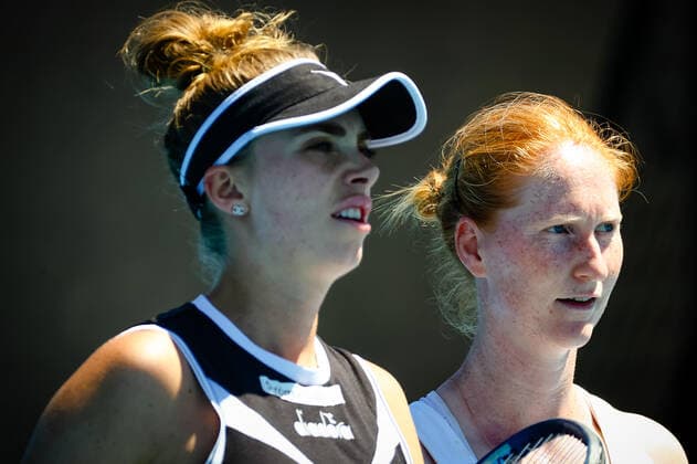Swedish Cornelia Liser and Belgian Alison Van Uytvanck pictured during the match of Belgian Alison Van Uytvanck and Swedish Cornelia Liser against Ankita Raina and Rosalie Van Der Hoek, in the first round women s doubles, at the Yarra Valley Classic tournament, a Summer Series tournament ahead of the Australian Open grand slam, Sunday 31 January 2021 in Melbourne Park, Melbourne, Australia. PATRICKxHAMILTON  x05950145x