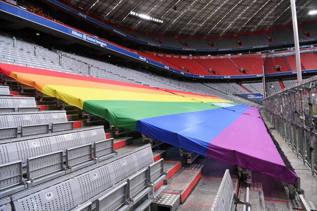 Football 1 Bundesliga Season 20 21 FC Bayern Muenchen TSG 1899 Hoffenheim Football 1 Bundesliga Season 2020 2021 19 Matchday FC Bayern Muenchen TSG 1899 Hoffenheim 30 01 2021 On Remembrance Day in German football, a rainbow flag is stretched across the spectator seats of the south curve in the Allianz Arena This is intended to set a sign against discrimination PHOTO Markus Ulmer Pressefoto Ulmer Pool xxNOxMODELxRELEASExx DFL regulations prohibit any use of photographs as image sequences and or quasi video Muenchen Germany Poolfoto Ulmer Pool ,EDITORIAL USE ONLY
