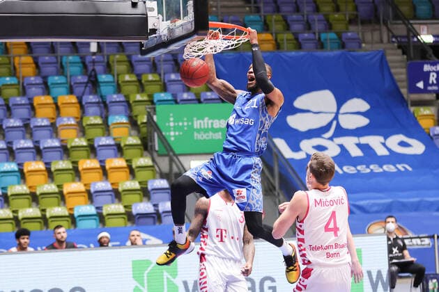 Fraport Skyliners Telekom Baskets Bonn, easyCredit BBL dunk by Kamari Murphy Fraport Skyliners, 21 basketball match of the easyCredit BBL between Fraport Skyliners and Telekom Baskets Bonn on 31 January 2021 at Fraport Arena in Frankfurt am Main , Frankfurt am Main Hesse Germany Fraport Arena