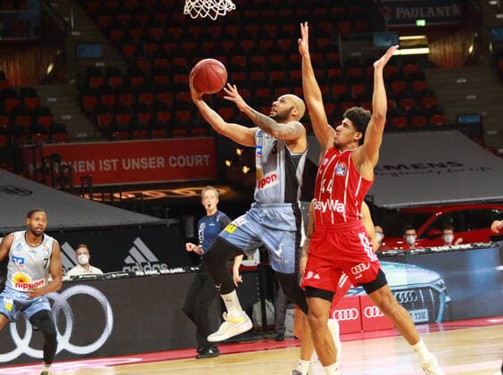 44 Sasha Grant FCBB red, against Crailsheim Basketball, 1 Bundesliga, BBL, FC Bayern München, HAKRO Merlins Crailsheim at Audi Dome, 31 01 2021 PHOTO Mladen Lackovic LakoPress