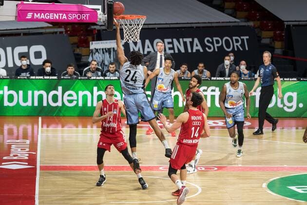 Basketball, BBL, 20210131, FC Bayern Munich Merlins Crailsheim Pictured Jeremy JONES Merlins Crailsheim, 24 basket Munich Audi Dome Bayern Germany Copyright: Passion2Press MarkusxFischerx