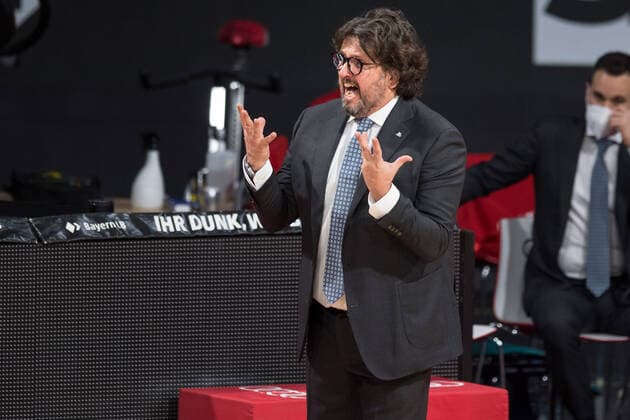 Basketball, BBL, 20210131, FC Bayern Munich Merlins Crailsheim In the picture Head Coach of FC Bayern Munich Andrea TRINCHIERI yells dissatisfied Munich Audi Dome Bayern Germany Copyright: Passion2Press MarkusxFischerx
