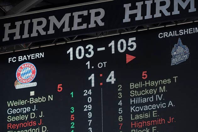 31 01 2021, xemx, Basketball BBL Bundesliga, FC Bayern Muenchen Basketball HAKRO Merlins Crailsheim emspor, v l score on scoreboard Muenchen.