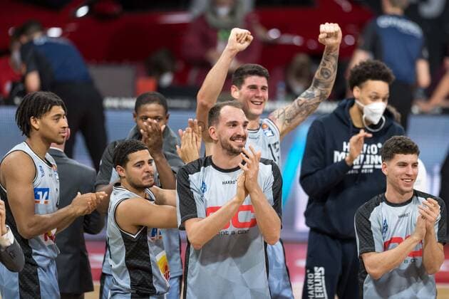 Basketball, BBL, 20210131, FC Bayern Munich Merlins Crailsheim In the picture Crailsheim celebrates victory after extension Munich Audi Dome Bavaria Germany Copyright: Passion2Press MarkusxFischerx