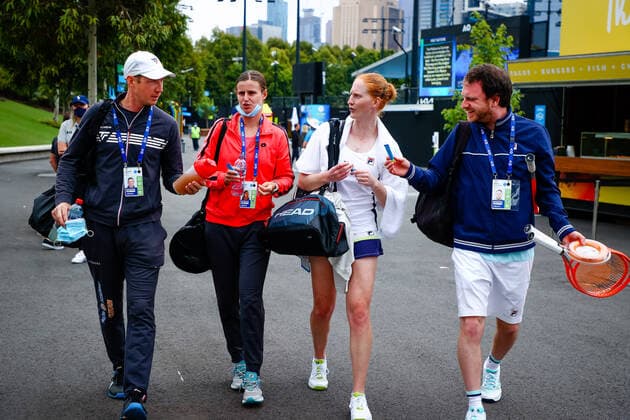 L-R Robert Cokan, Greet Minnen WTA, Tennis Damen 110), Alison Van Uytvanck (WTA 65) and Sean Van Uytvanck following a tennis match between Alison Van Uytvanck vs Taiwanese Su-Wei Hsieh, in the first round of the women s singles at the Yarra Valley Classic tournament, a Summer Series tournament ahead of the Australian Open grand slam, Monday 01 February 2021 in Melbourne Park, Melbourne, Australia. PATRICKxHAMILTON  x05951383x