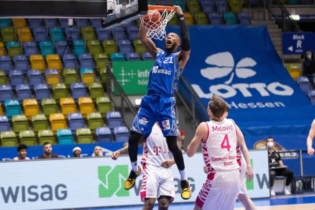 Fraport Skyliners Telekom Baskets Bonn, easyCredit BBL dunk by Kamari Murphy Fraport Skyliners, 21 basketball match of the easyCredit BBL between Fraport Skyliners and Telekom Baskets Bonn on 31 January 2021 at Fraport Arena in Frankfurt am Main , Frankfurt am Main Hesse Germany Fraport Arena