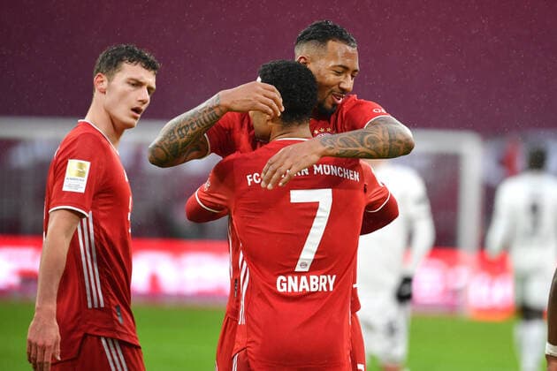 Goal celebration Jerome BOATENG Bayern Muenchen with Serge GNABRY FC Bayern Muenchen after goal to 4 1, left Benjamin PAVARD Bayern Muenchen , Jubel,Freude,Begeisterung,Aktion Fussball 1 Bundesliga Saison 2020 2021,19 Spieltag,Spieltag19, FC Bayern Muenchen TSG 1899 Hoffenheim 4 1 am 30 01 2021 ALLIANZ ARENA
