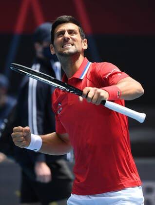 TENNIS ATP, Tennis Herren CUP, Novak Djokovic of Serbia reacts after winning his Round 1 ATP Cup match against Denis Shapovalov of Canada at Melbourne Park in Melbourne, Tuesday, February 2, 2021. ( NO ARCHIVING, EDITORIAL USE ONLY, NO USE IN BOOKS WITHOUT CONSENT MELBOURNE VIC AUSTRALIA  Copyright: xDAVExHUNTx 20210202001517702858