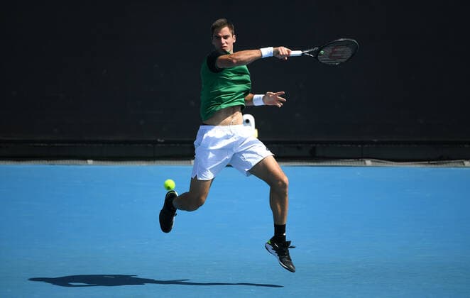 TENNIS MURRAY RIVER OPEN, Borna Gojo of Croatia is seen during his match during the Round 1 Murray River Open - ATP, Tennis Herren 250 match against Alexei Popyrin of Australia at Melbourne Park in Melbourne, Saturday, August 22, 2020. ( NO ARCHIVING, EDITORIAL USE ONLY, NO USE IN BOOKS WITHOUT CONSENT MELBOURNE VIC AUSTRALIA  Copyright: xDAVExHUNTx 20210202001517720796
