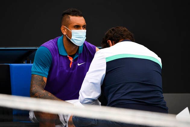 TENNIS MURRAY RIVER OPEN, Nick Kyrgios of Australia receives medical attention during the Round 2 Murray River Open - ATP, Tennis Herren 250 match against Alexandre Muller of France at Melbourne Park in Melbourne, Tuesday, February 2, 2021. ( NO ARCHIVING, EDITORIAL USE ONLY, NO USE IN BOOKS WITHOUT CONSENT MELBOURNE VIC AUSTRALIA  Copyright: xJAMESxROSSx 20210202001517728230