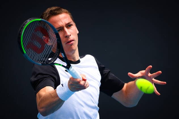 Belgian Kimmer Coppejans ATP, Tennis Herren 178) plays a forehand at a tennis match against Dutch Haase (WATP 35), in the first round of the men s singles, a Summer Series tournament ahead of the Australian Open grand slam, Tuesday 02 February 2021 in Melbourne Park, Melbourne, Australia. PATRICKxHAMILTON  x2635463x