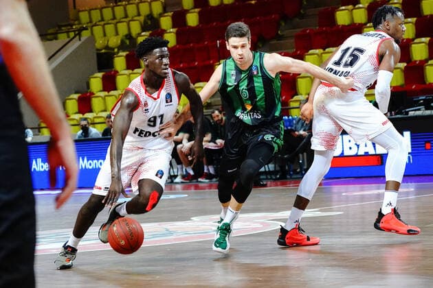 Boukhary Cissoko (AS Monaco) - Xabi Lopez Arostegui (Juventut Badalone) BASKETBALL : AS Monaco vs Juventut Badalone - Eurocup - Monaco - 02 02 2021 NorbertScanella PanoramiC 