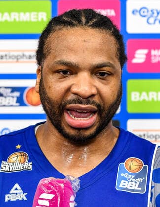 GER, BBL, ratiopharm ulm vs Fraport Skyliners 02 02 2021, ratiopharm arena, Neu Ulm, GER, BBL, ratiopharm ulm vs Fraport Skyliners, in the picture Quantez Robertson Fraport, 23 during the interview after the game nordphoto.GmbHx xHafner nph00200