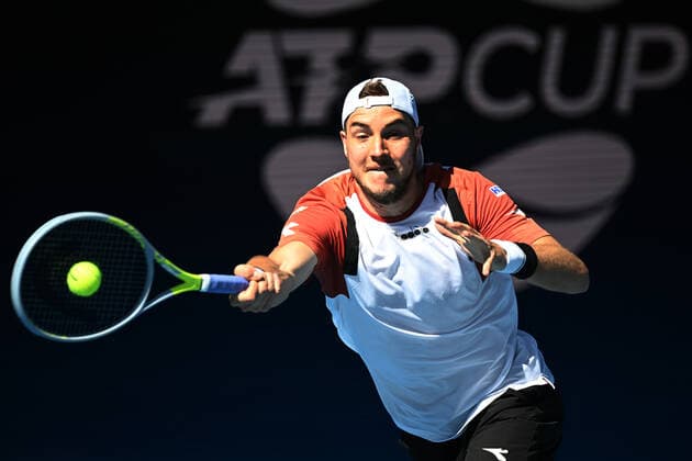 TENNIS ATP, Tennis Herren CUP, Jan-Lennard Struff of Germany in action during the ATP Cup match against Milos Raonic of Canada at Melbourne Park in Melbourne, Wednesday, February 3, 2021. ( NO ARCHIVING, EDITORIAL USE ONLY, NO USE IN BOOKS WITHOUT CONSENT MELBOURNE VIC AUSTRALIA  Copyright: xDEANxLEWINSx 20210203001517904511