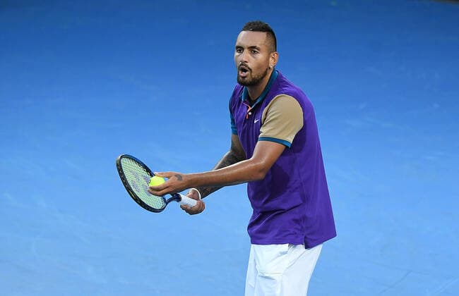 TENNIS MURRAY RIVER OPEN, Nick Kyrgios of Australia looks on to the umpire as he received a time violation during the Round 2 Murray River Open - ATP, Tennis Herren 250 match against Harry Bourchier of Australia at Melbourne Park in Melbourne, Wednesday, February 2, 2021. ( NO ARCHIVING, EDITORIAL USE ONLY, NO USE IN BOOKS WITHOUT CONSENT MELBOURNE VIC AUSTRALIA  Copyright: xDAVExHUNTx 20210203001517987174